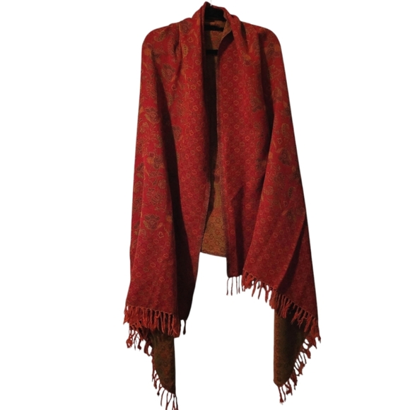 Pure New Wool Woolmark Red Paisley Floral Shawl Wrap Scarf Oversized 82x42 Warm - Picture 1 of 8